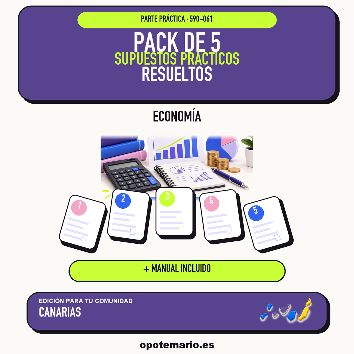 Pack de 5 supuestos prácticos resueltos de Economía en Canarias. Incluye manual específico. PDF de Opotemario.