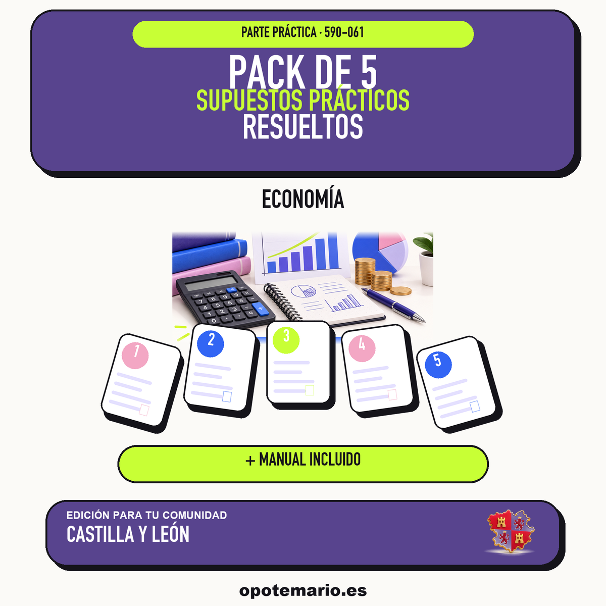 Pack de 5 supuestos prácticos resueltos de Economía en Castilla y León. Incluye manual específico. PDF de Opotemario.