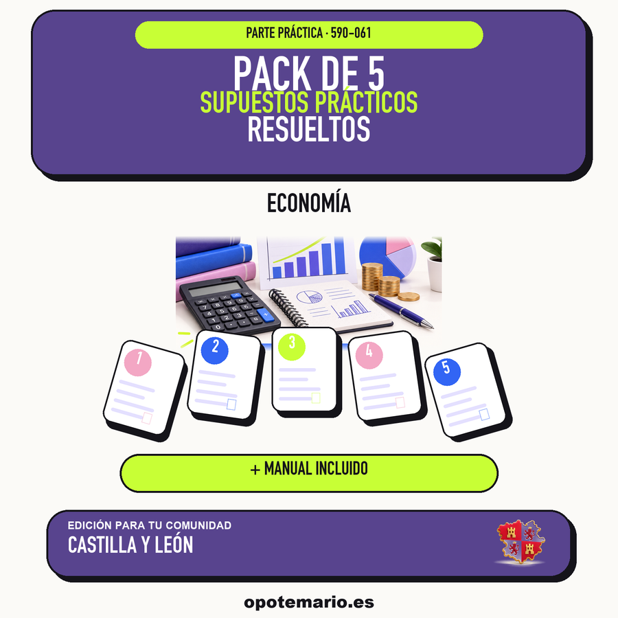 Pack de 5 supuestos prácticos resueltos de Economía en Castilla y León. Incluye manual específico. PDF de Opotemario.