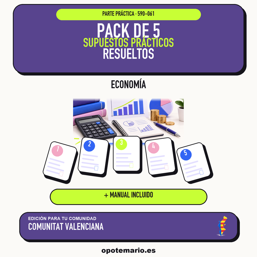 Pack de 5 supuestos prácticos resueltos de Economía en Comunitat Valenciana. Incluye manual específico. PDF de Opotemario.