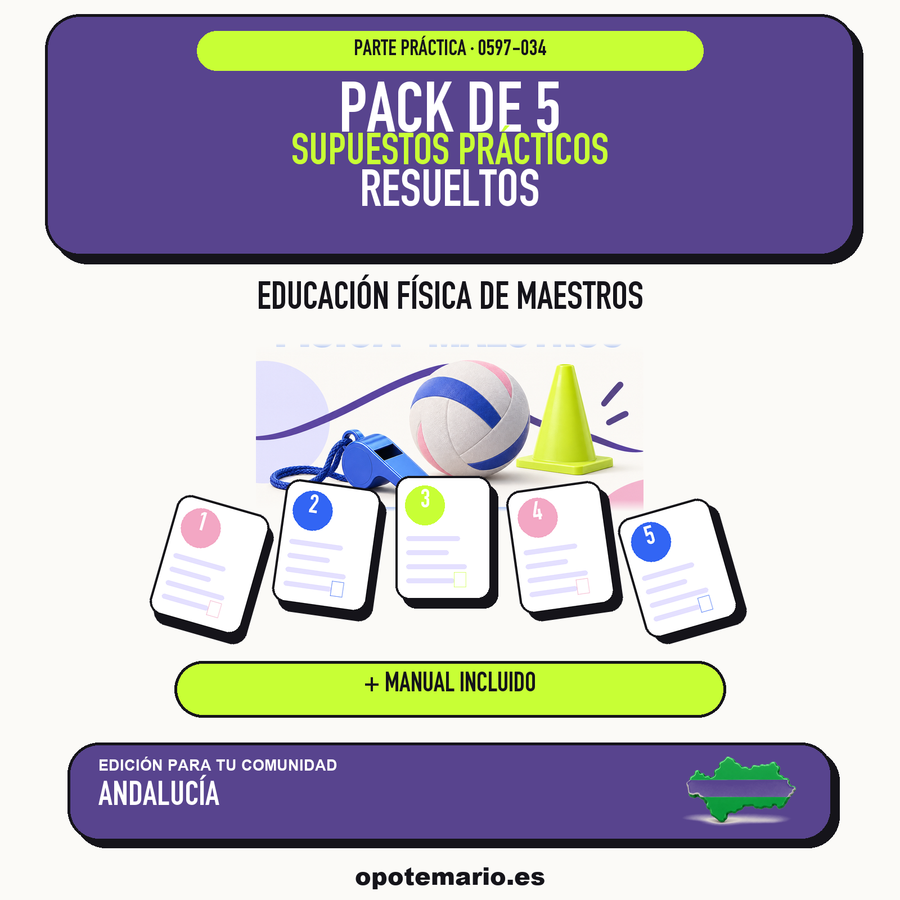 Pack de 5 supuestos prácticos resueltos de Educación Física de Maestros en Andalucía. Incluye manual específico. PDF de Opotemario.