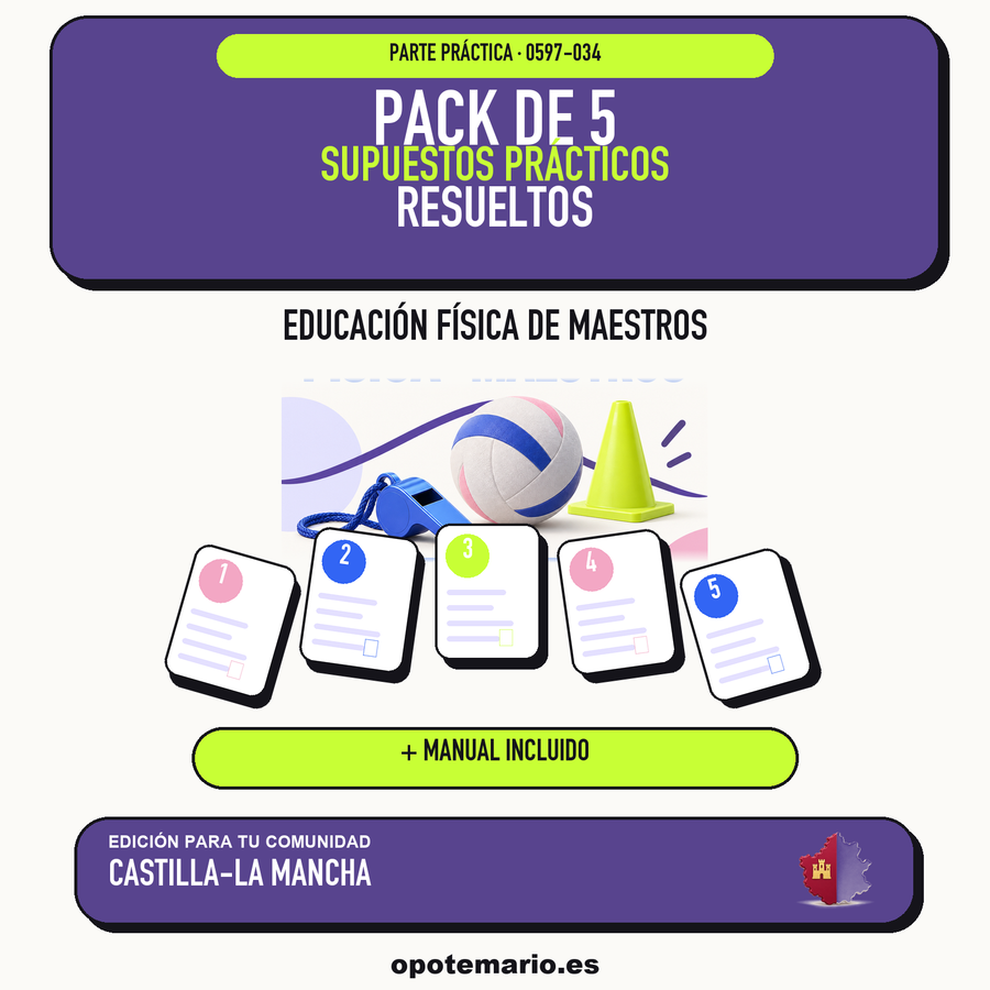 Pack de 5 supuestos prácticos resueltos de Educación Física de Maestros en Castilla-La Mancha. Incluye manual específico. PDF de Opotemario.