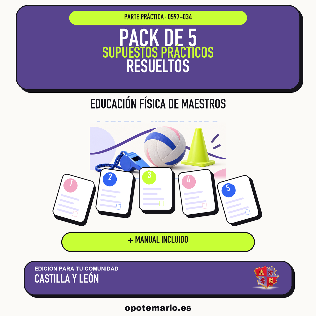 Pack de 5 supuestos prácticos resueltos de Educación Física de Maestros en Castilla y León. Incluye manual específico. PDF de Opotemario.