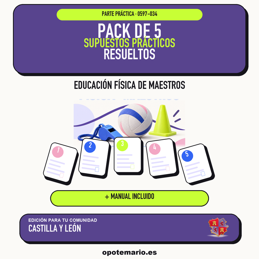 Pack de 5 supuestos prácticos resueltos de Educación Física de Maestros en Castilla y León. Incluye manual específico. PDF de Opotemario.