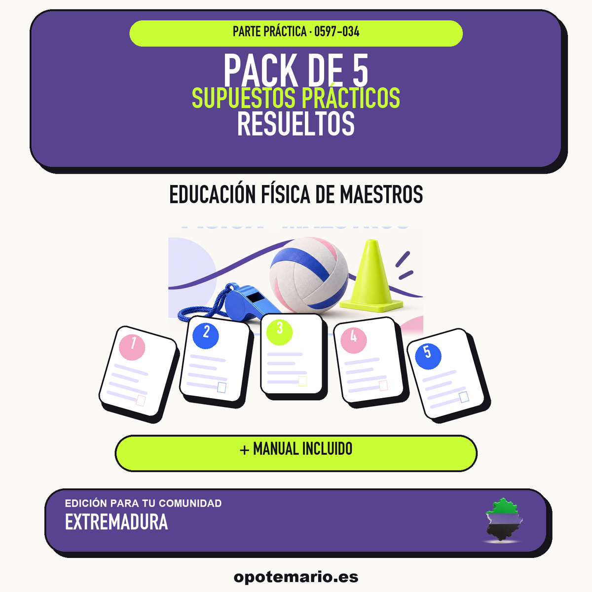Pack de 5 supuestos prácticos resueltos de Educación Física de Maestros en Extremadura. Incluye manual específico. PDF de Opotemario.