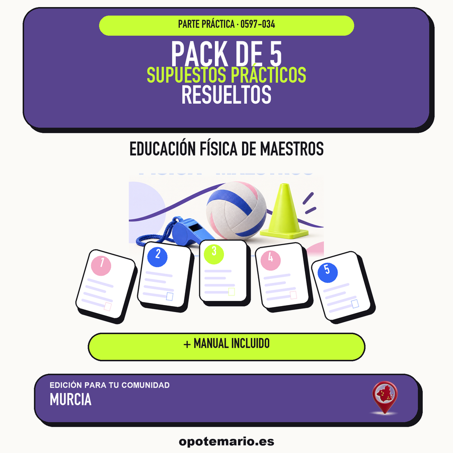 Pack de 5 supuestos prácticos resueltos de Educación Física de Maestros en Murcia. Incluye manual específico. PDF de Opotemario.