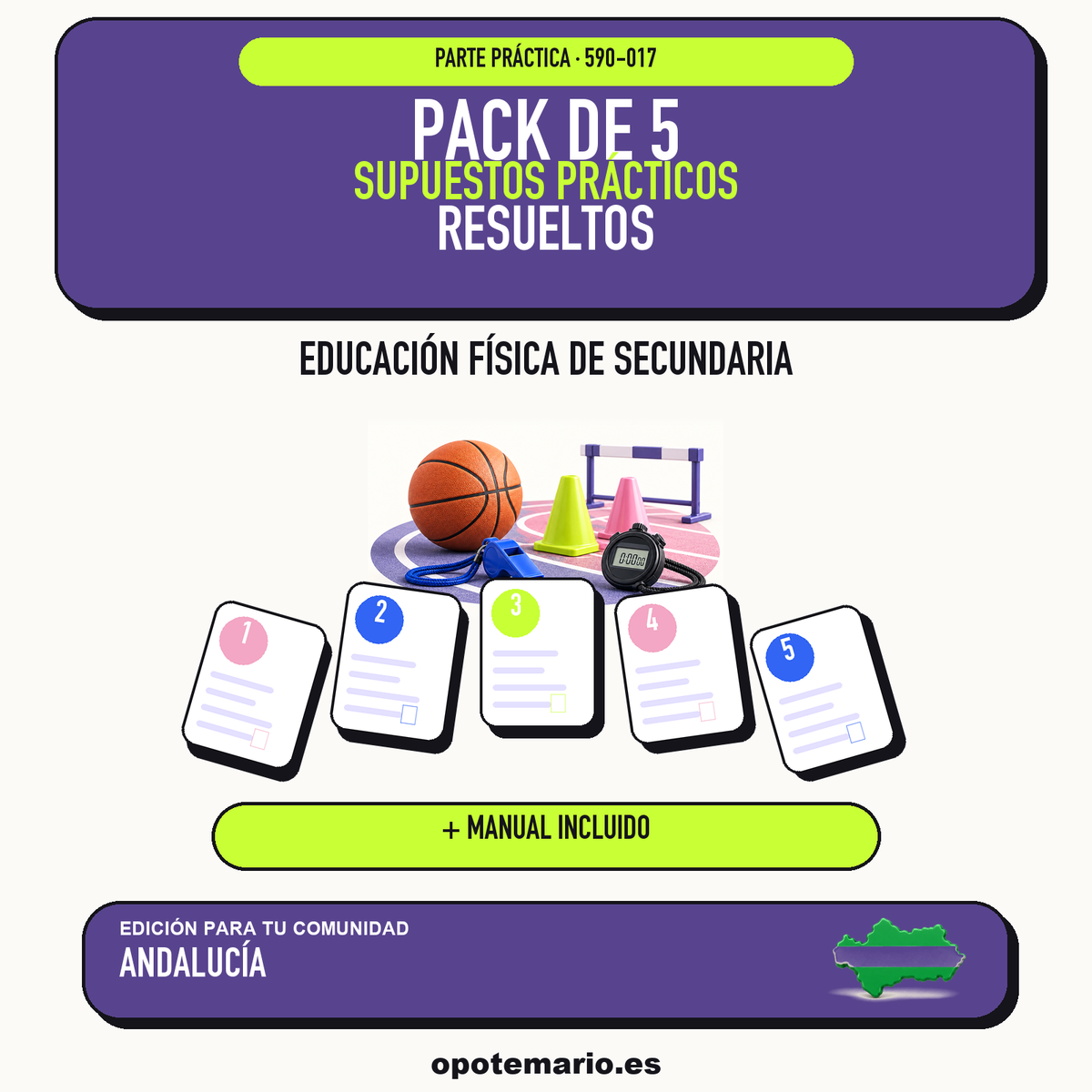 Pack de 5 supuestos prácticos resueltos de Educación Física de Secundaria en Andalucía. Incluye manual específico. PDF de Opotemario.
