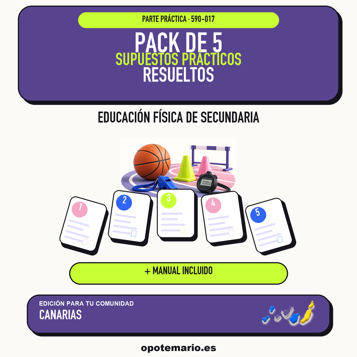 Pack de 5 supuestos prácticos resueltos de Educación Física de Secundaria en Canarias. Incluye manual específico. PDF de Opotemario.