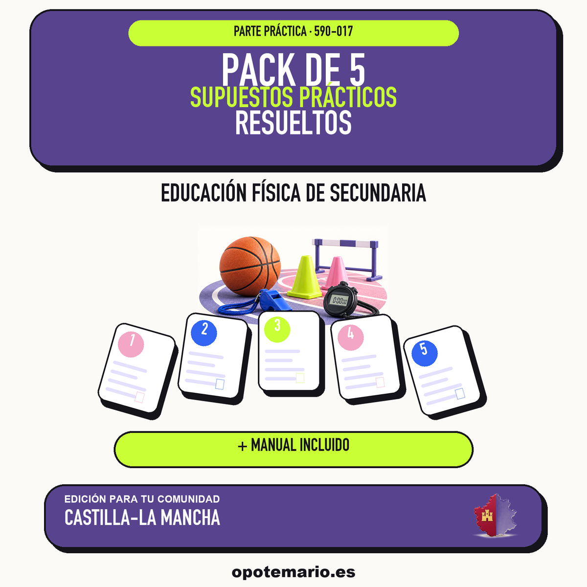 Pack de 5 supuestos prácticos resueltos de Educación Física de Secundaria en Castilla-La Mancha. Incluye manual específico. PDF de Opotemario.
