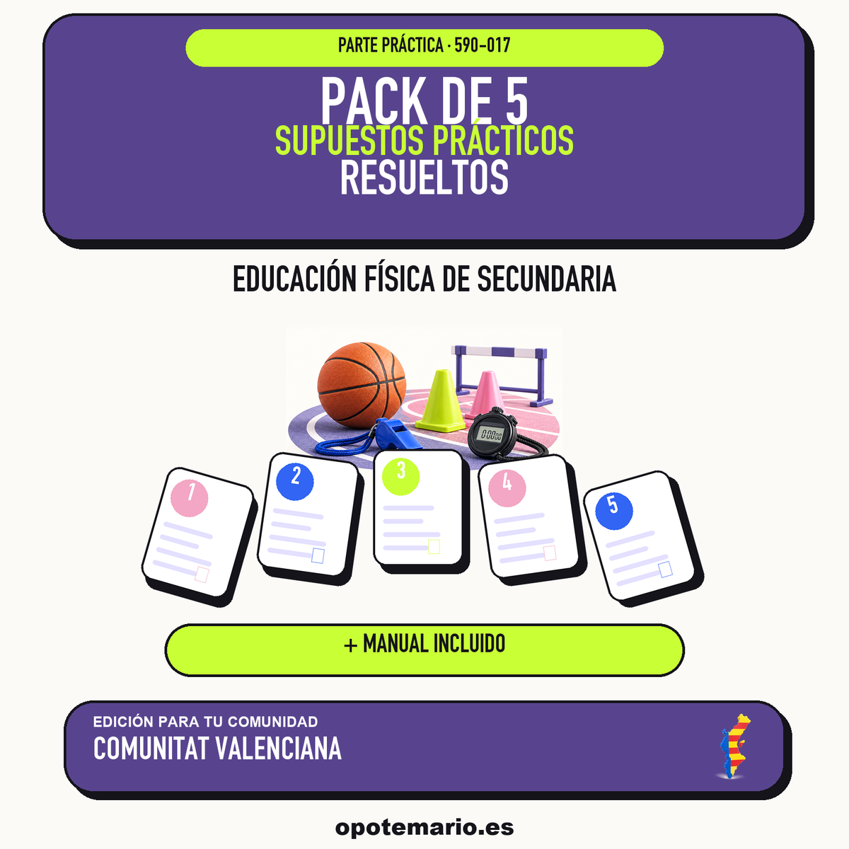 Pack de 5 supuestos prácticos resueltos de Educación Física de Secundaria en Comunitat Valenciana. Incluye manual específico. PDF de Opotemario.