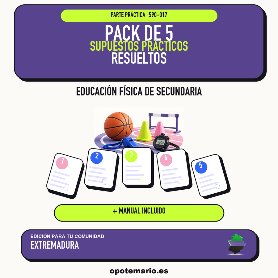 Pack de 5 supuestos prácticos resueltos de Educación Física de Secundaria en Extremadura. Incluye manual específico. PDF de Opotemario.