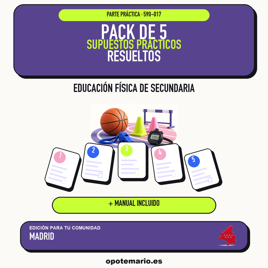 Pack de 5 supuestos prácticos resueltos de Educación Física de Secundaria en Madrid. Incluye manual específico. PDF de Opotemario.