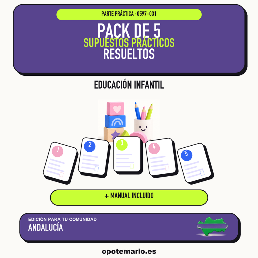Pack de 5 supuestos prácticos resueltos de Educación Infantil en Andalucía. Incluye manual específico. PDF de Opotemario.