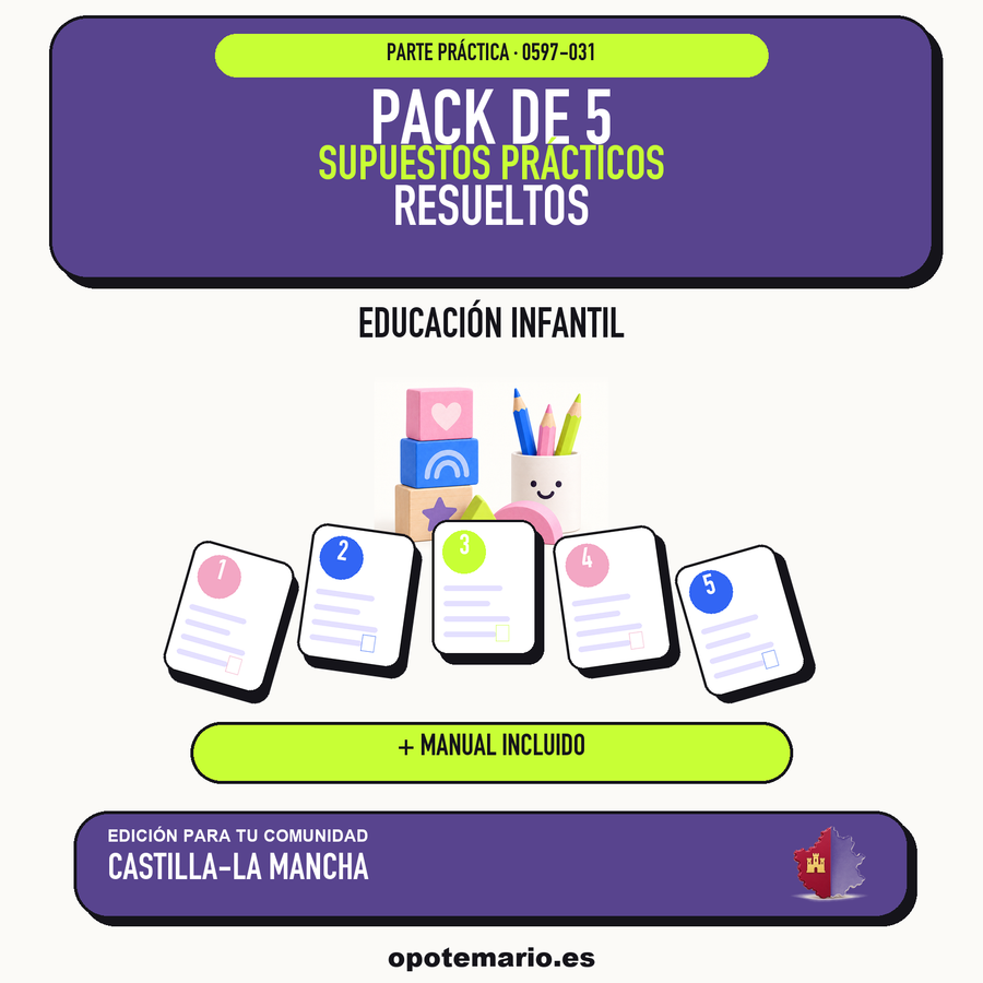 Pack de 5 supuestos prácticos resueltos de Educación Infantil en Castilla-La Mancha. Incluye manual específico. PDF de Opotemario.