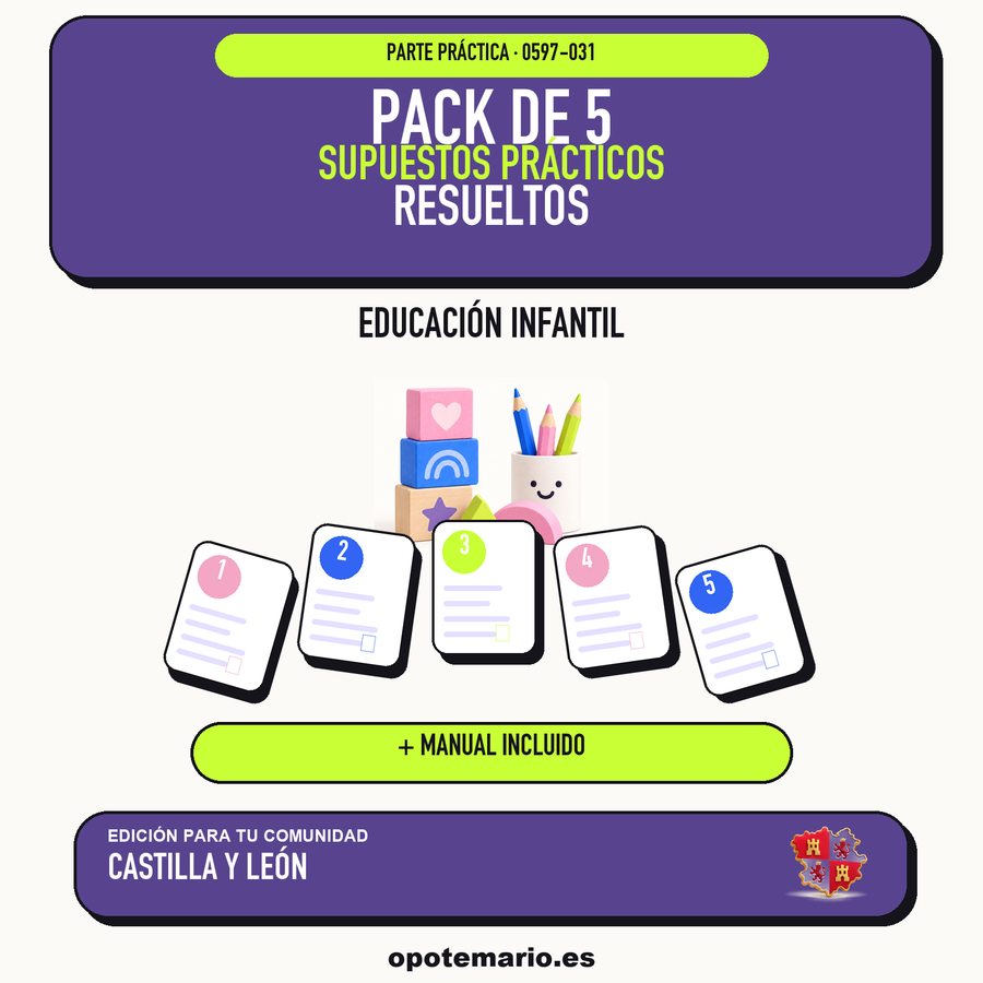Pack de 5 supuestos prácticos resueltos de Educación Infantil en Castilla y León. Incluye manual específico. PDF de Opotemario.