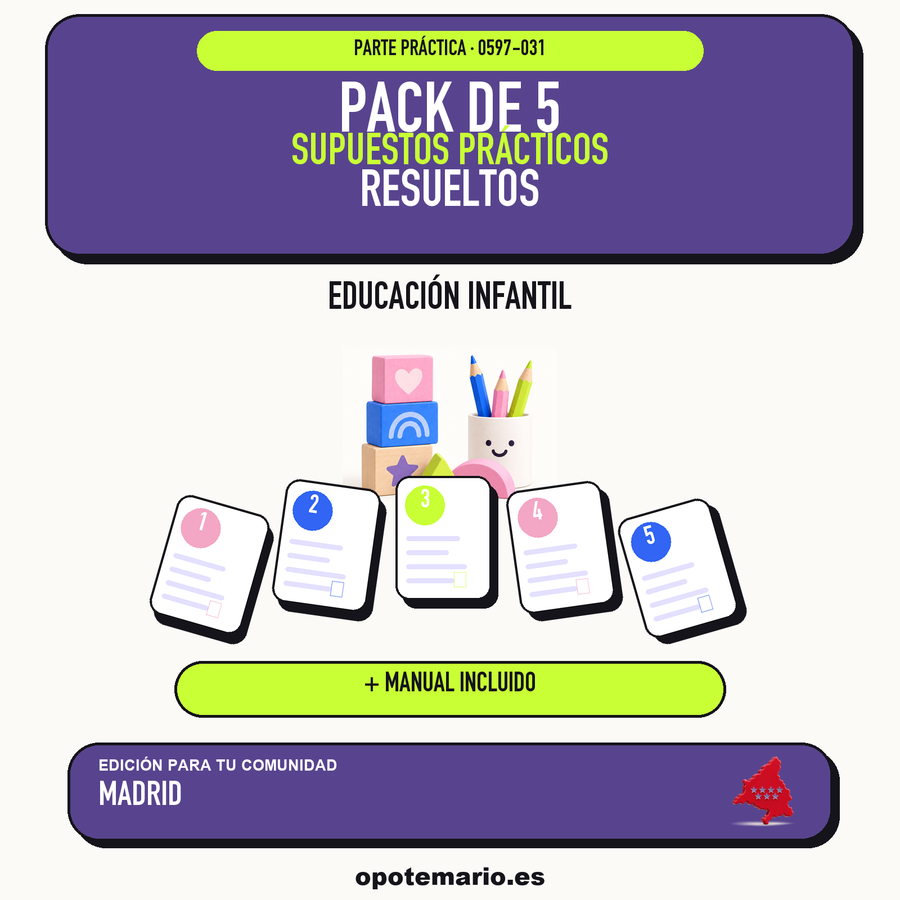 Pack de 5 supuestos prácticos resueltos de Educación Infantil en Madrid. Incluye manual específico. PDF de Opotemario.