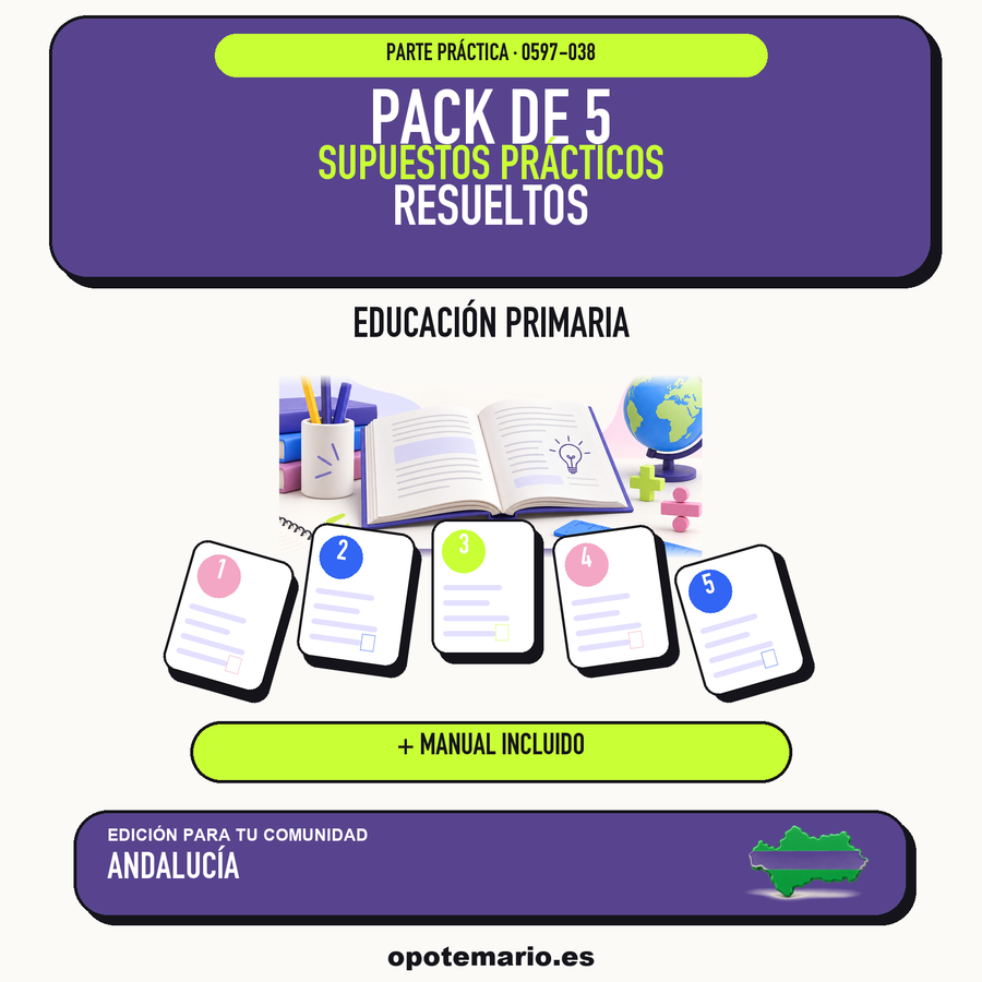 Pack de 5 supuestos prácticos resueltos de Educación Primaria en Andalucía. Incluye manual específico. PDF de Opotemario.