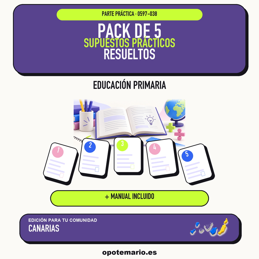Pack de 5 supuestos prácticos resueltos de Educación Primaria en Canarias. Incluye manual específico. PDF de Opotemario.