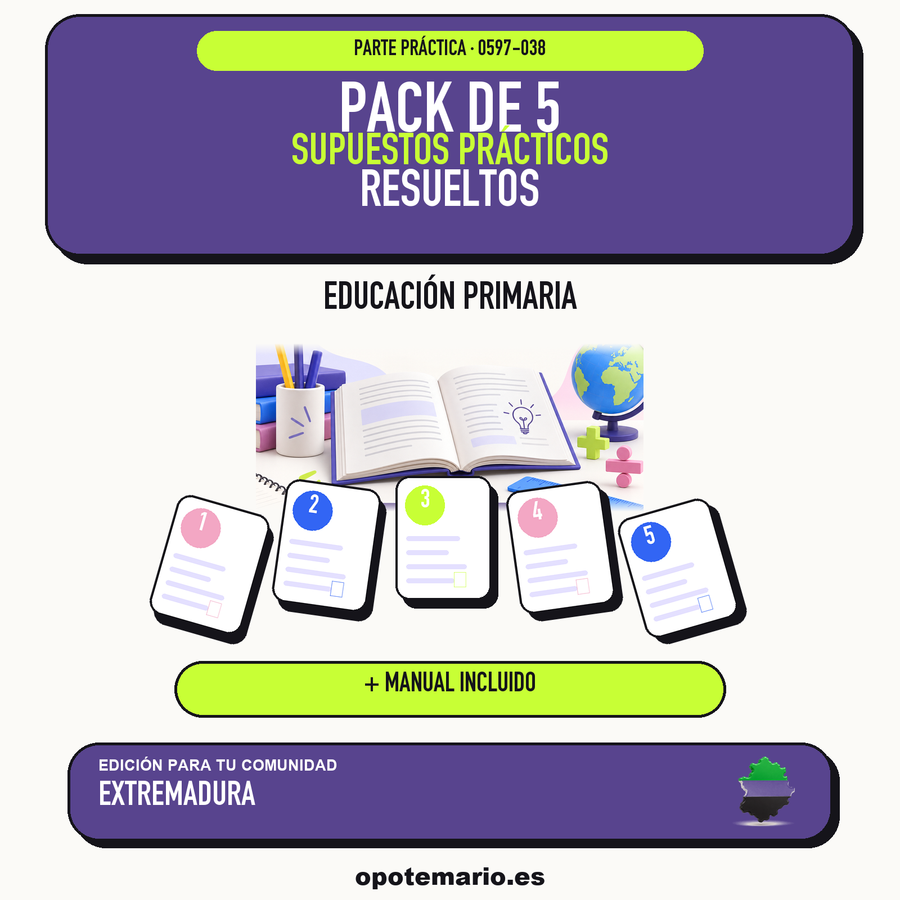 Pack de 5 supuestos prácticos resueltos de Educación Primaria en Extremadura. Incluye manual específico. PDF de Opotemario.