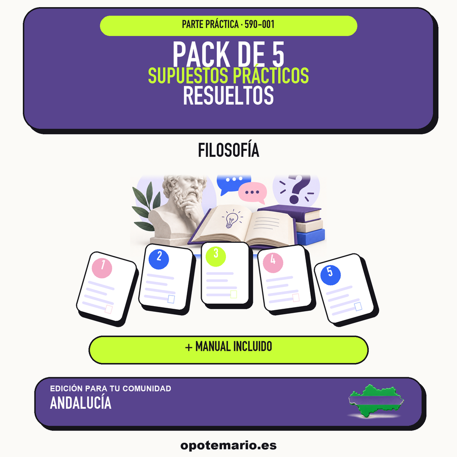 Pack de 5 supuestos prácticos resueltos de Filosofía en Andalucía. Incluye manual específico. PDF de Opotemario.