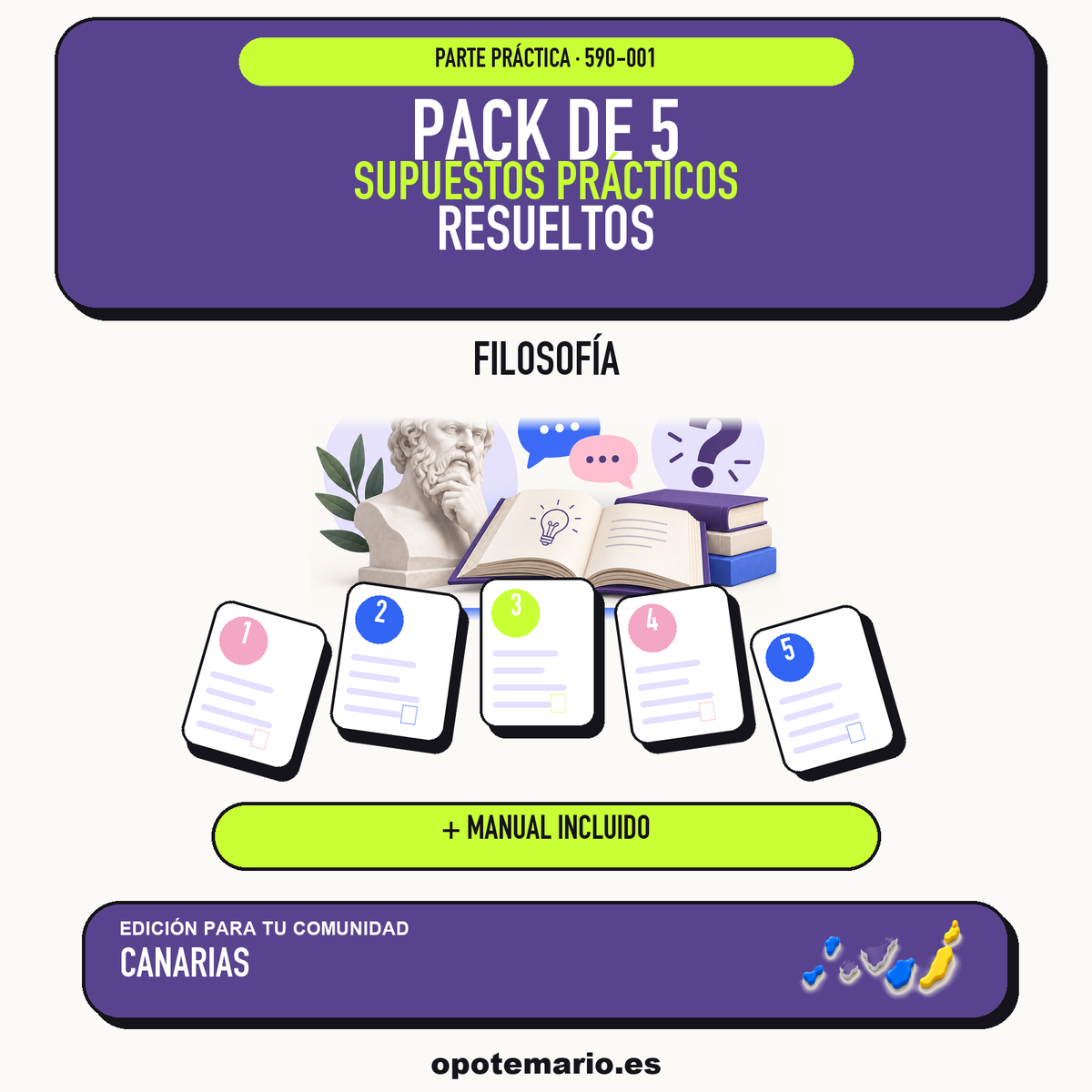 Pack de 5 supuestos prácticos resueltos de Filosofía en Canarias. Incluye manual específico. PDF de Opotemario.