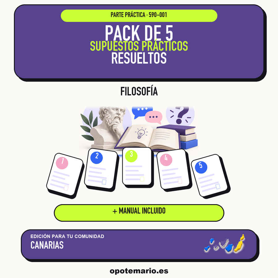 Pack de 5 supuestos prácticos resueltos de Filosofía en Canarias. Incluye manual específico. PDF de Opotemario.