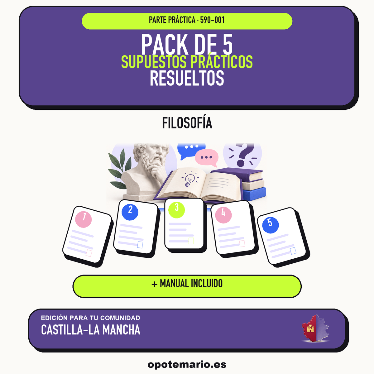 Pack de 5 supuestos prácticos resueltos de Filosofía en Castilla-La Mancha. Incluye manual específico. PDF de Opotemario.