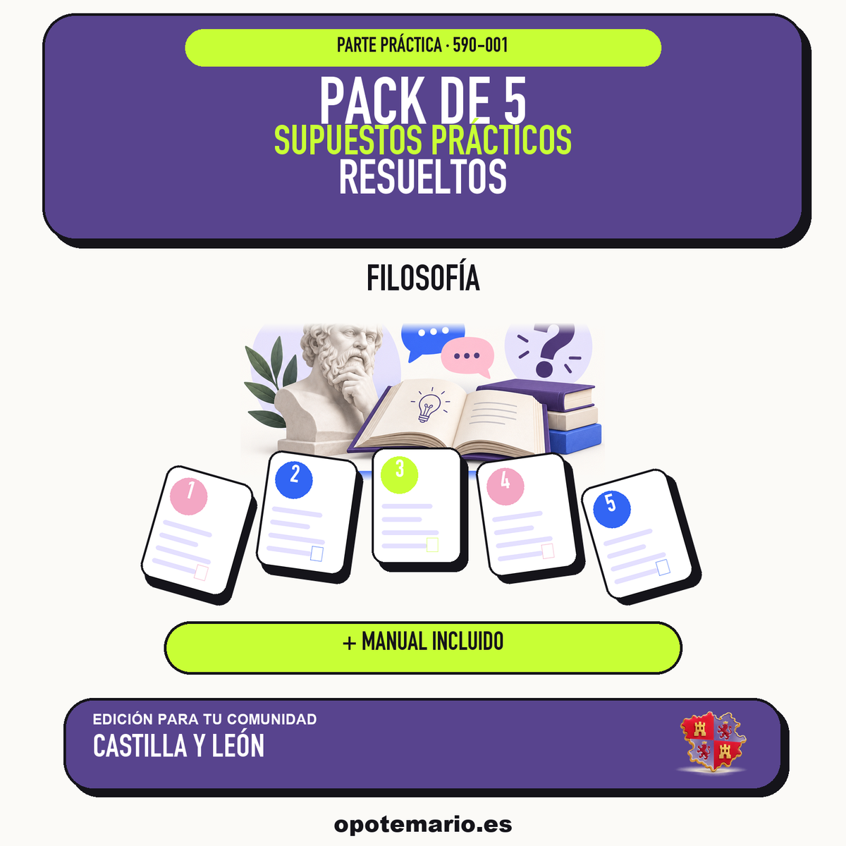 Pack de 5 supuestos prácticos resueltos de Filosofía en Castilla y León. Incluye manual específico. PDF de Opotemario.