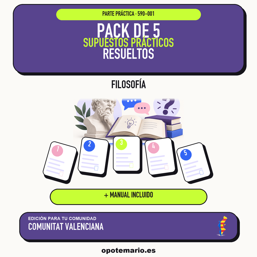 Pack de 5 supuestos prácticos resueltos de Filosofía en Comunitat Valenciana. Incluye manual específico. PDF de Opotemario.