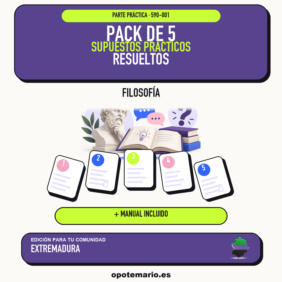 Pack de 5 supuestos prácticos resueltos de Filosofía en Extremadura. Incluye manual específico. PDF de Opotemario.