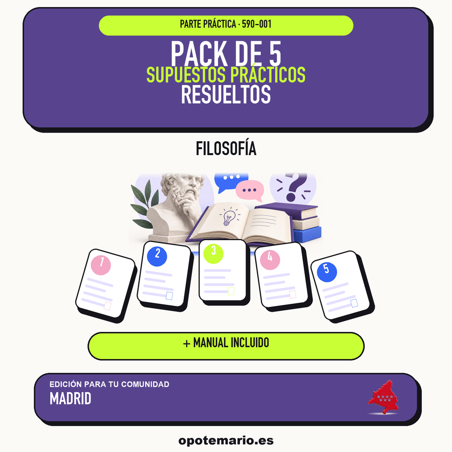 Pack de 5 supuestos prácticos resueltos de Filosofía en Madrid. Incluye manual específico. PDF de Opotemario.
