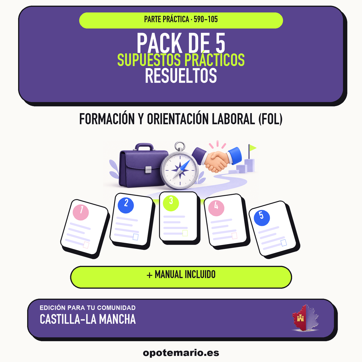 Pack de 5 supuestos prácticos resueltos de Formación y Orientación Laboral (FOL) en Castilla-La Mancha. Incluye manual específico. PDF de Opotemario.