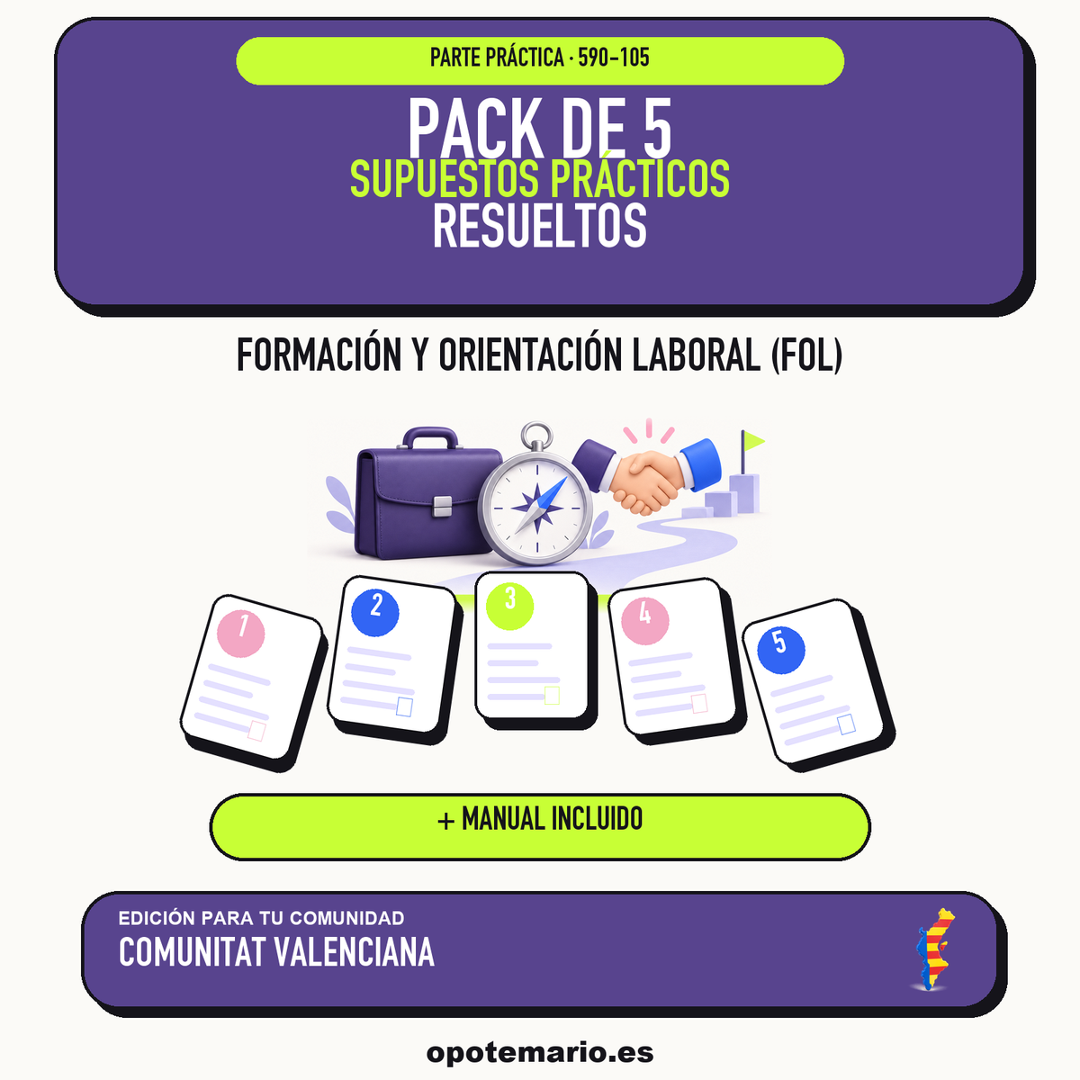 Pack de 5 supuestos prácticos resueltos de Formación y Orientación Laboral (FOL) en Comunitat Valenciana. Incluye manual específico. PDF de Opotemario.