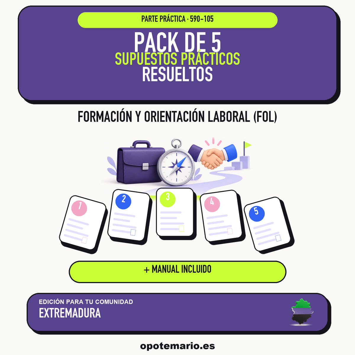 Pack de 5 supuestos prácticos resueltos de Formación y Orientación Laboral (FOL) en Extremadura. Incluye manual específico. PDF de Opotemario.