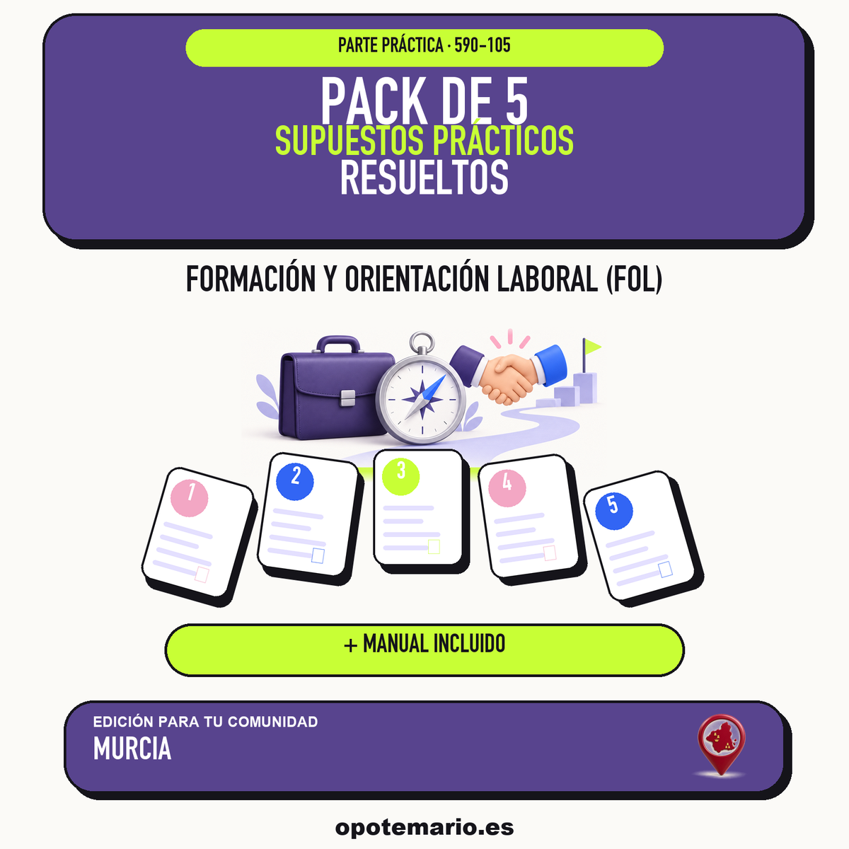 Pack de 5 supuestos prácticos resueltos de Formación y Orientación Laboral (FOL) en Murcia. Incluye manual específico. PDF de Opotemario.