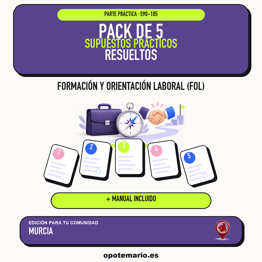 Pack de 5 supuestos prácticos resueltos de Formación y Orientación Laboral (FOL) en Murcia. Incluye manual específico. PDF de Opotemario.
