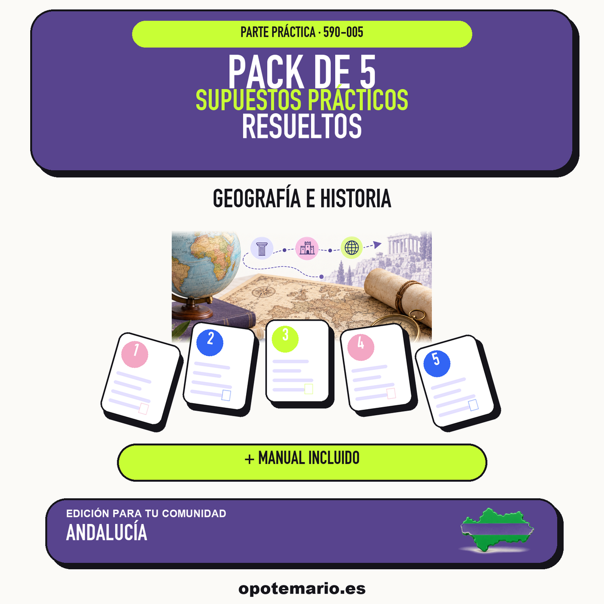 Pack de 5 supuestos prácticos resueltos de Geografía e Historia en Andalucía. Incluye manual específico. PDF de Opotemario.