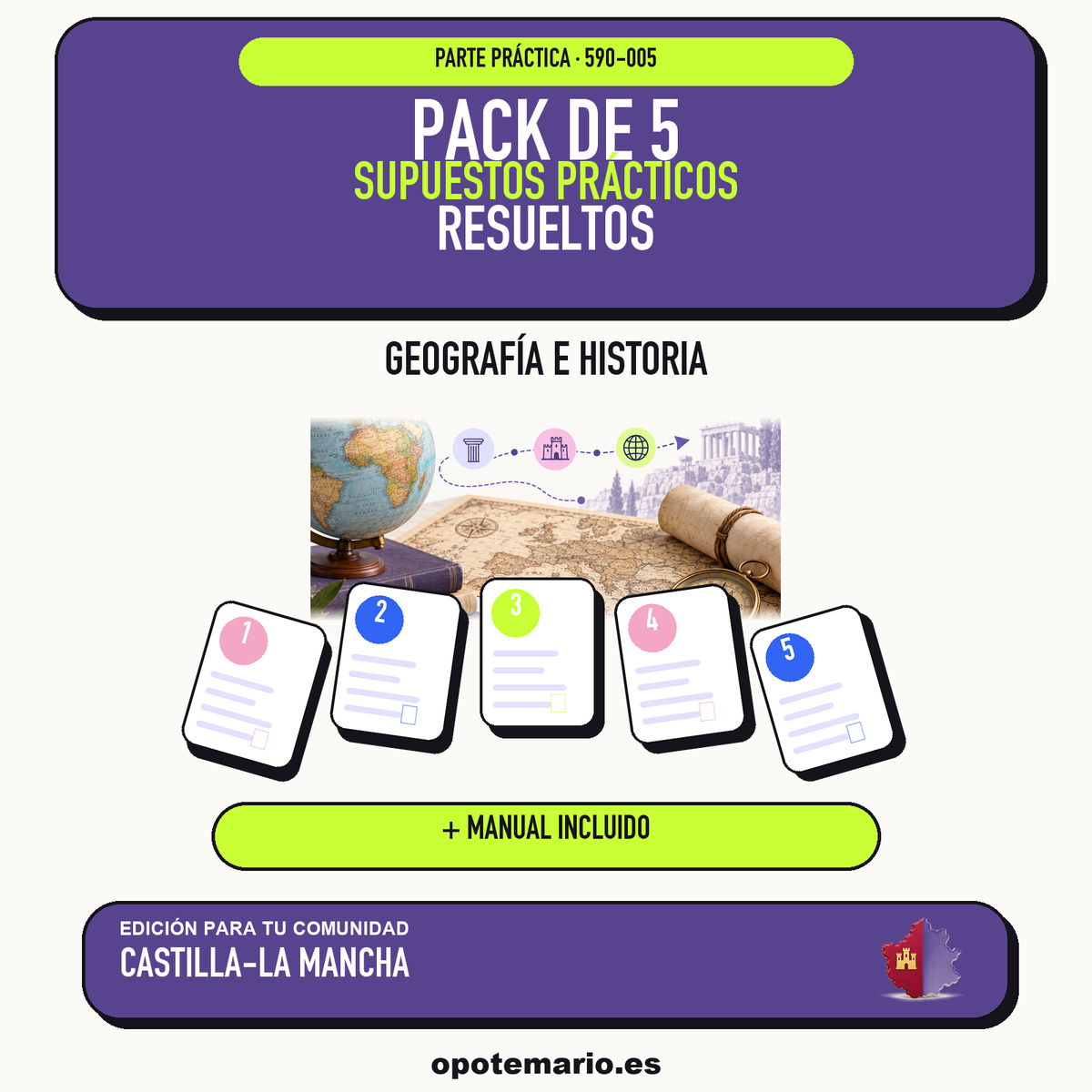 Pack de 5 supuestos prácticos resueltos de Geografía e Historia en Castilla-La Mancha. Incluye manual específico. PDF de Opotemario.