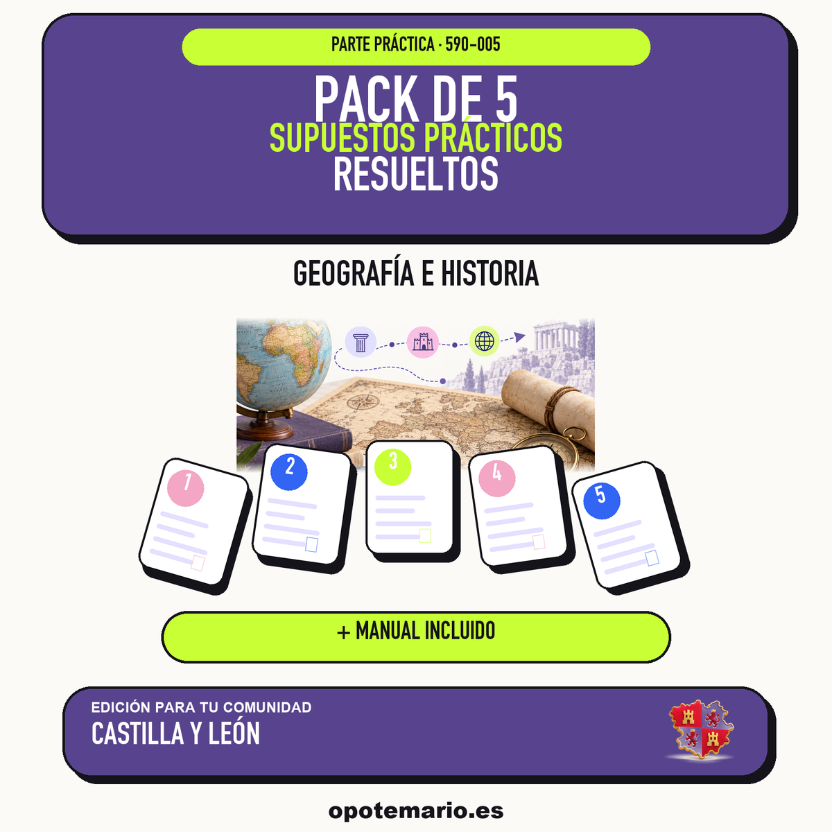Pack de 5 supuestos prácticos resueltos de Geografía e Historia en Castilla y León. Incluye manual específico. PDF de Opotemario.