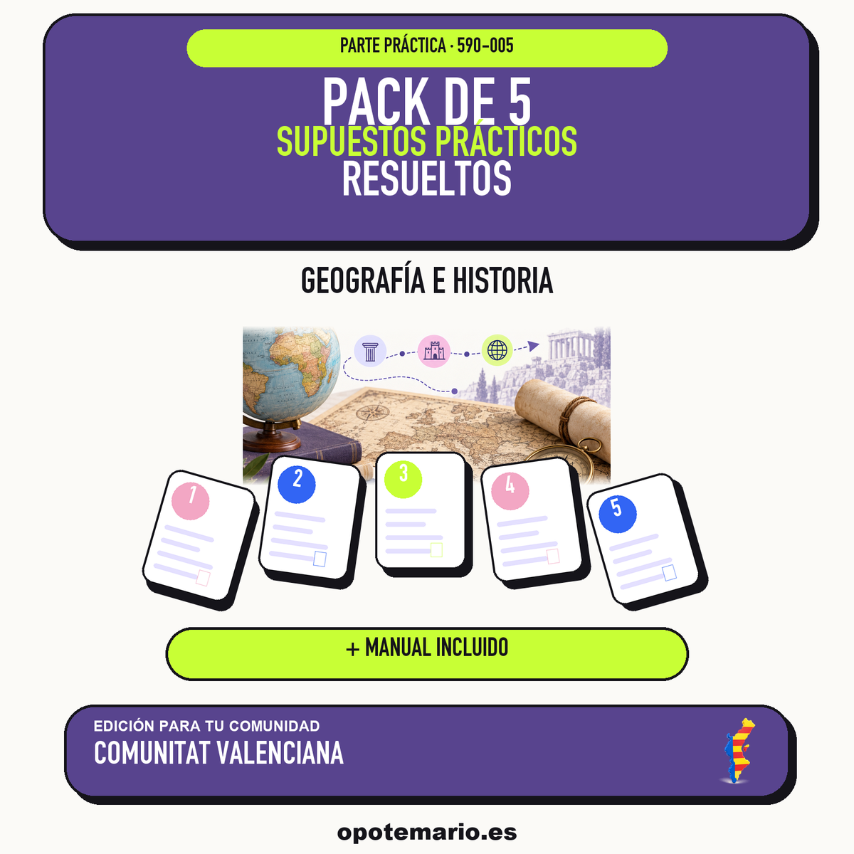 Pack de 5 supuestos prácticos resueltos de Geografía e Historia en Comunitat Valenciana. Incluye manual específico. PDF de Opotemario.