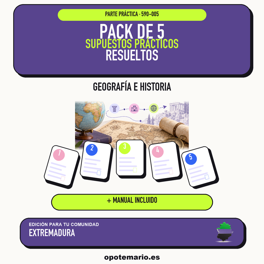 Pack de 5 supuestos prácticos resueltos de Geografía e Historia en Extremadura. Incluye manual específico. PDF de Opotemario.