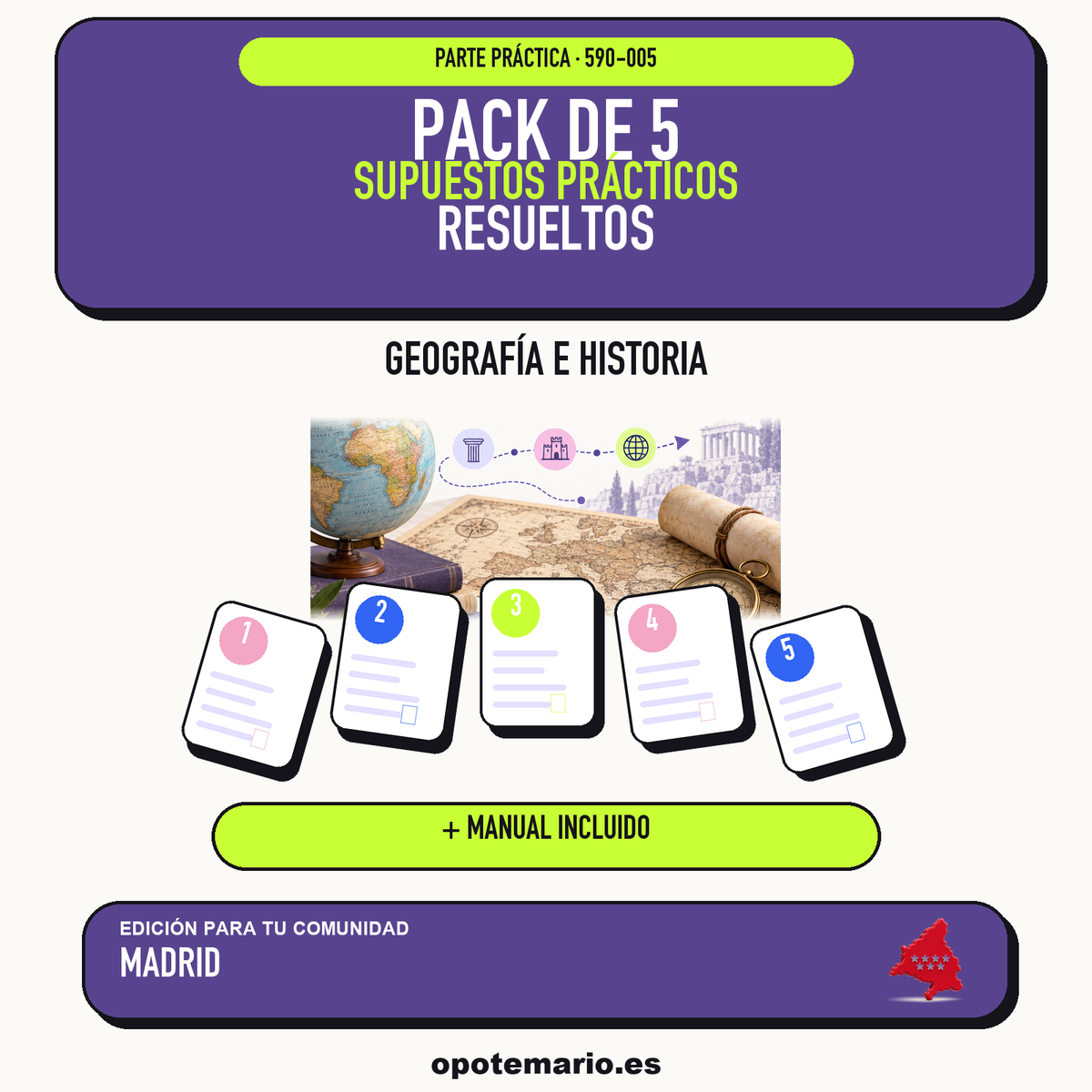 Pack de 5 supuestos prácticos resueltos de Geografía e Historia en Madrid. Incluye manual específico. PDF de Opotemario.
