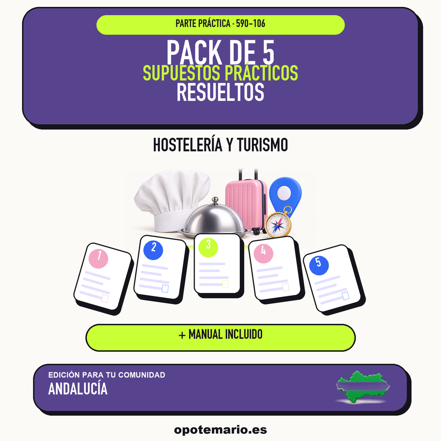 Pack de 5 supuestos prácticos resueltos de Hostelería y Turismo en Andalucía. Incluye manual específico. PDF de Opotemario.
