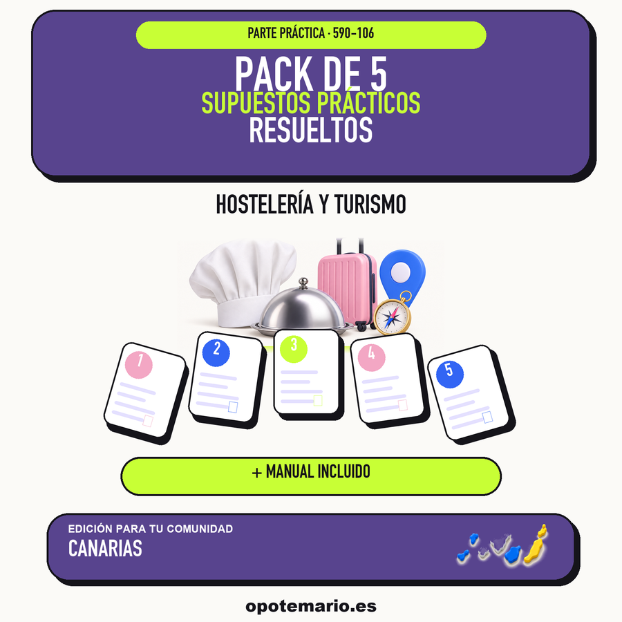 Pack de 5 supuestos prácticos resueltos de Hostelería y Turismo en Canarias. Incluye manual específico. PDF de Opotemario.