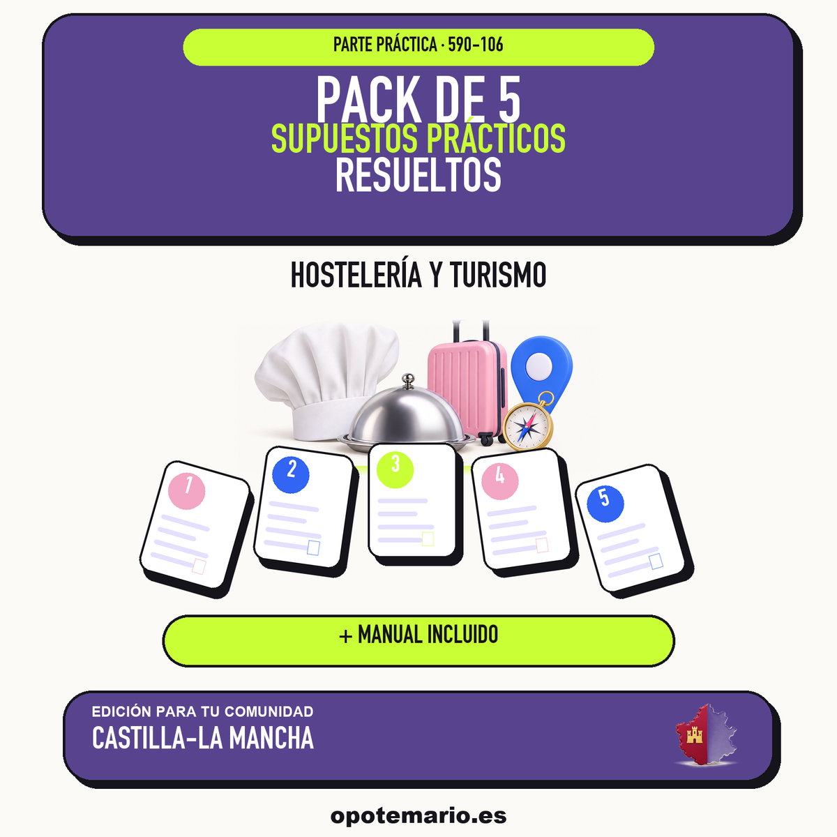 Pack de 5 supuestos prácticos resueltos de Hostelería y Turismo en Castilla-La Mancha. Incluye manual específico. PDF de Opotemario.