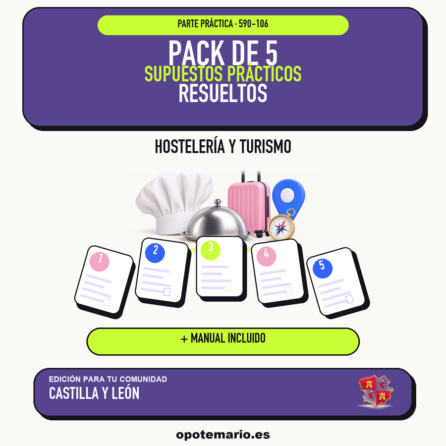 Pack de 5 supuestos prácticos resueltos de Hostelería y Turismo en Castilla y León. Incluye manual específico. PDF de Opotemario.