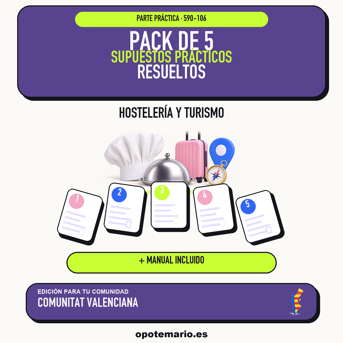 Pack de 5 supuestos prácticos resueltos de Hostelería y Turismo en Comunitat Valenciana. Incluye manual específico. PDF de Opotemario.