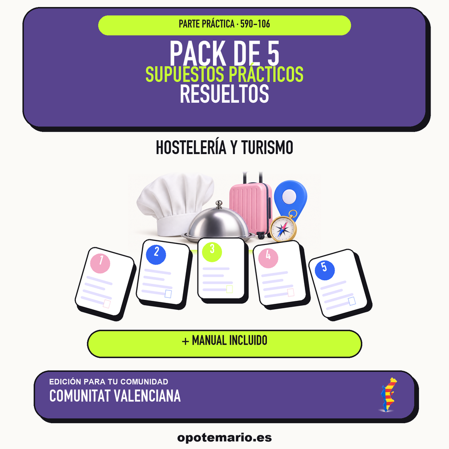 Pack de 5 supuestos prácticos resueltos de Hostelería y Turismo en Comunitat Valenciana. Incluye manual específico. PDF de Opotemario.