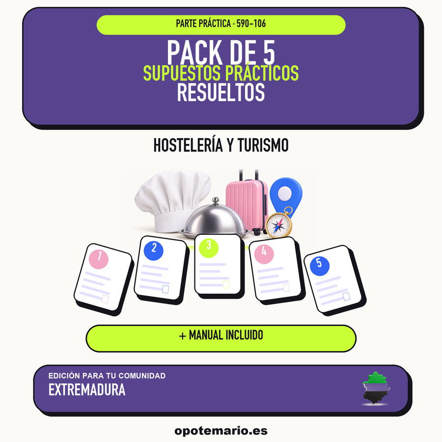 Pack de 5 supuestos prácticos resueltos de Hostelería y Turismo en Extremadura. Incluye manual específico. PDF de Opotemario.