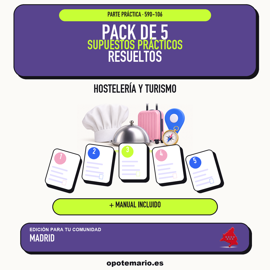 Pack de 5 supuestos prácticos resueltos de Hostelería y Turismo en Madrid. Incluye manual específico. PDF de Opotemario.